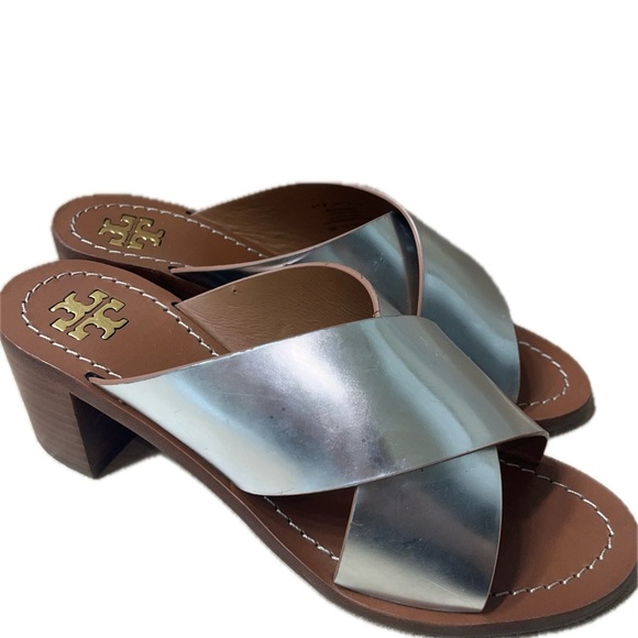 Tory Burch Montrose Stacked Block Heel in Silver, Size 6.5M - Picture 1 of 13